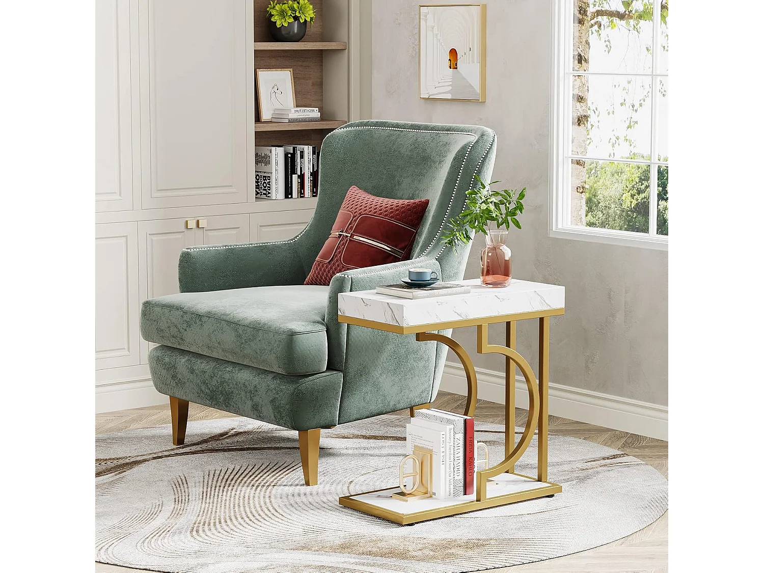 Table d'appoint étroite en Or Blanc - Table d'appoint en Forme de C - Table de Chevet Moderne