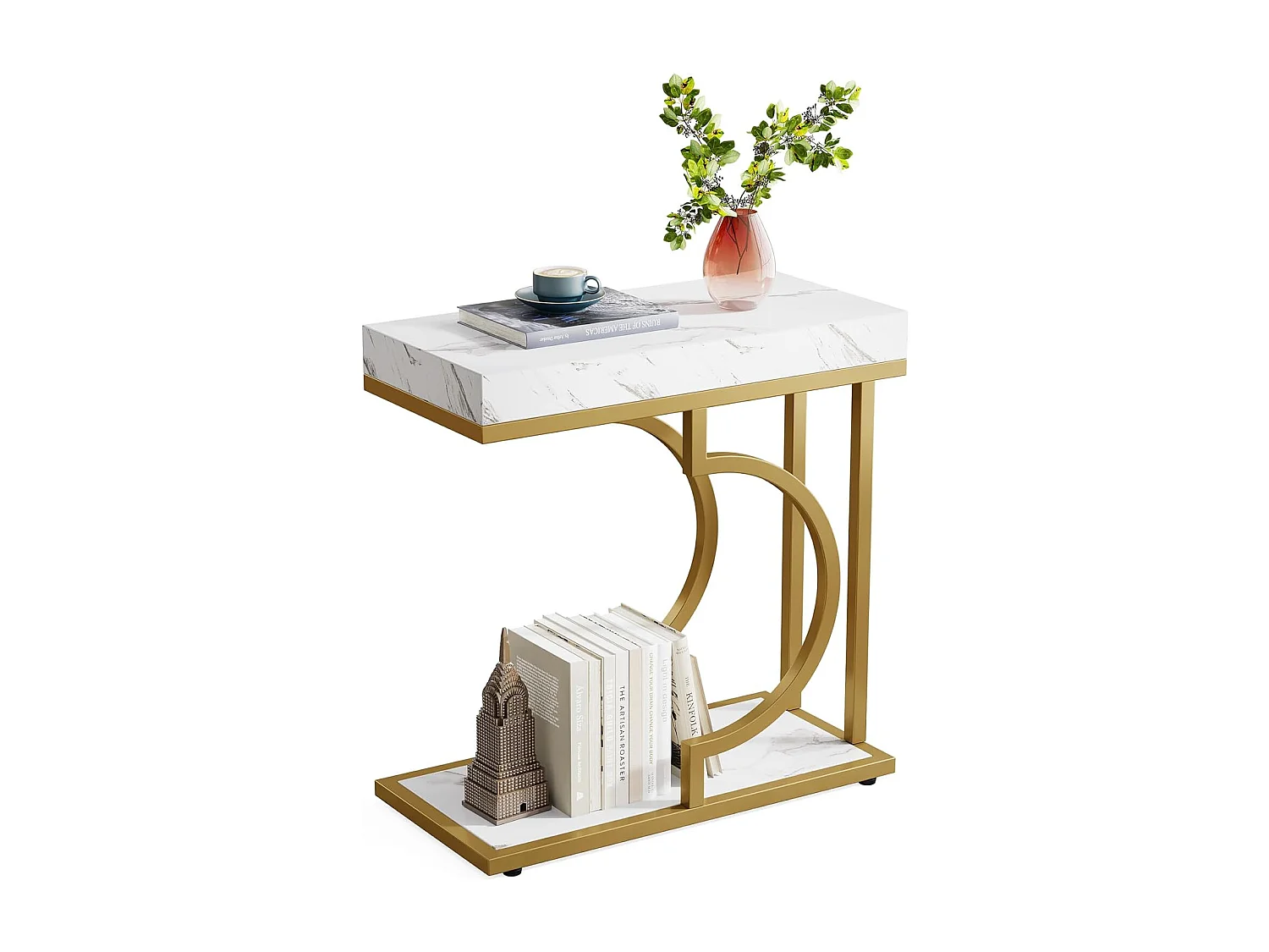 Table d'appoint étroite en Or Blanc - Table d'appoint en Forme de C - Table de Chevet Moderne