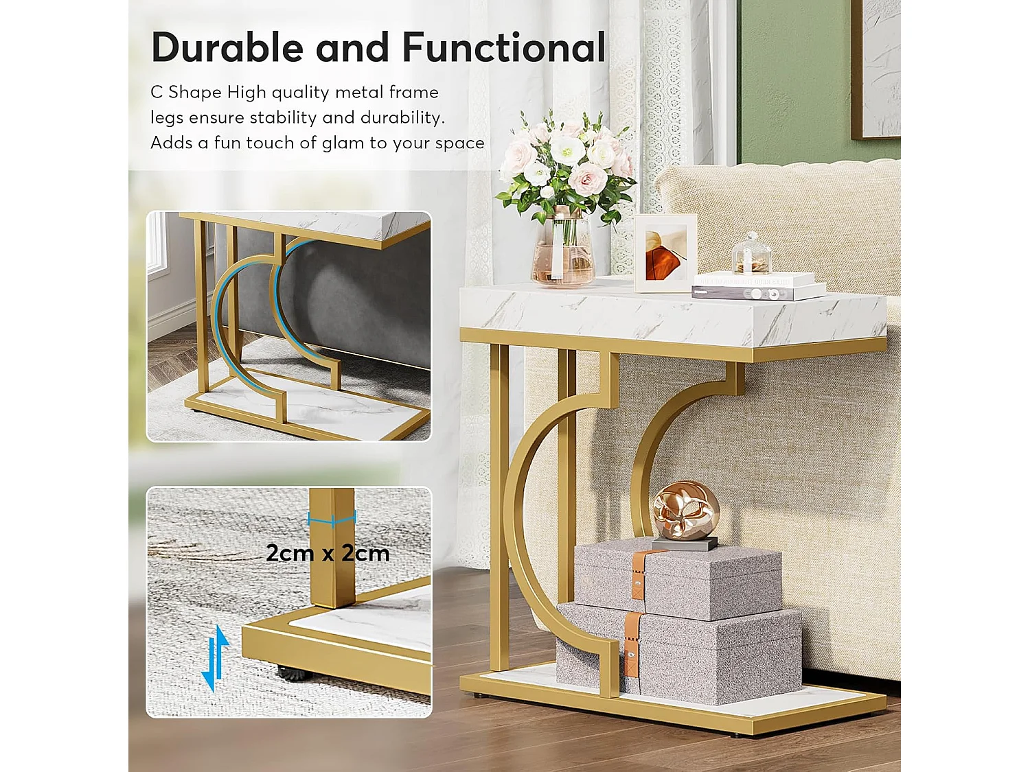 Table d'appoint étroite en Or Blanc - Table d'appoint en Forme de C - Table de Chevet Moderne