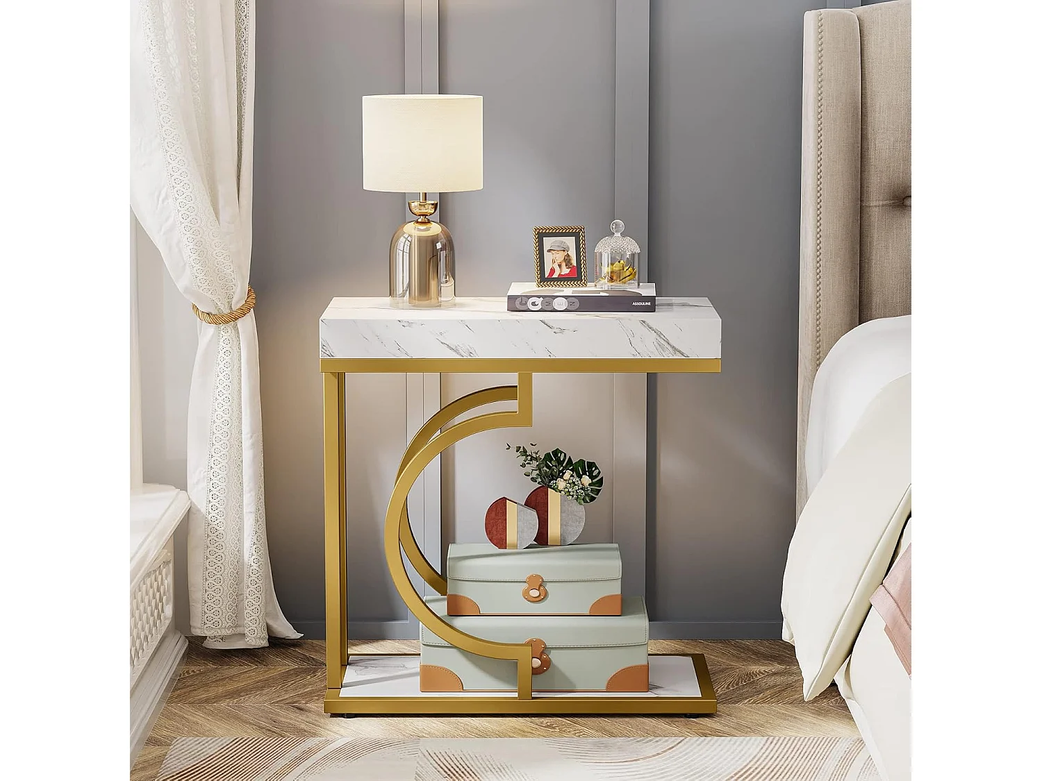 Table d'appoint étroite en Or Blanc - Table d'appoint en Forme de C - Table de Chevet Moderne