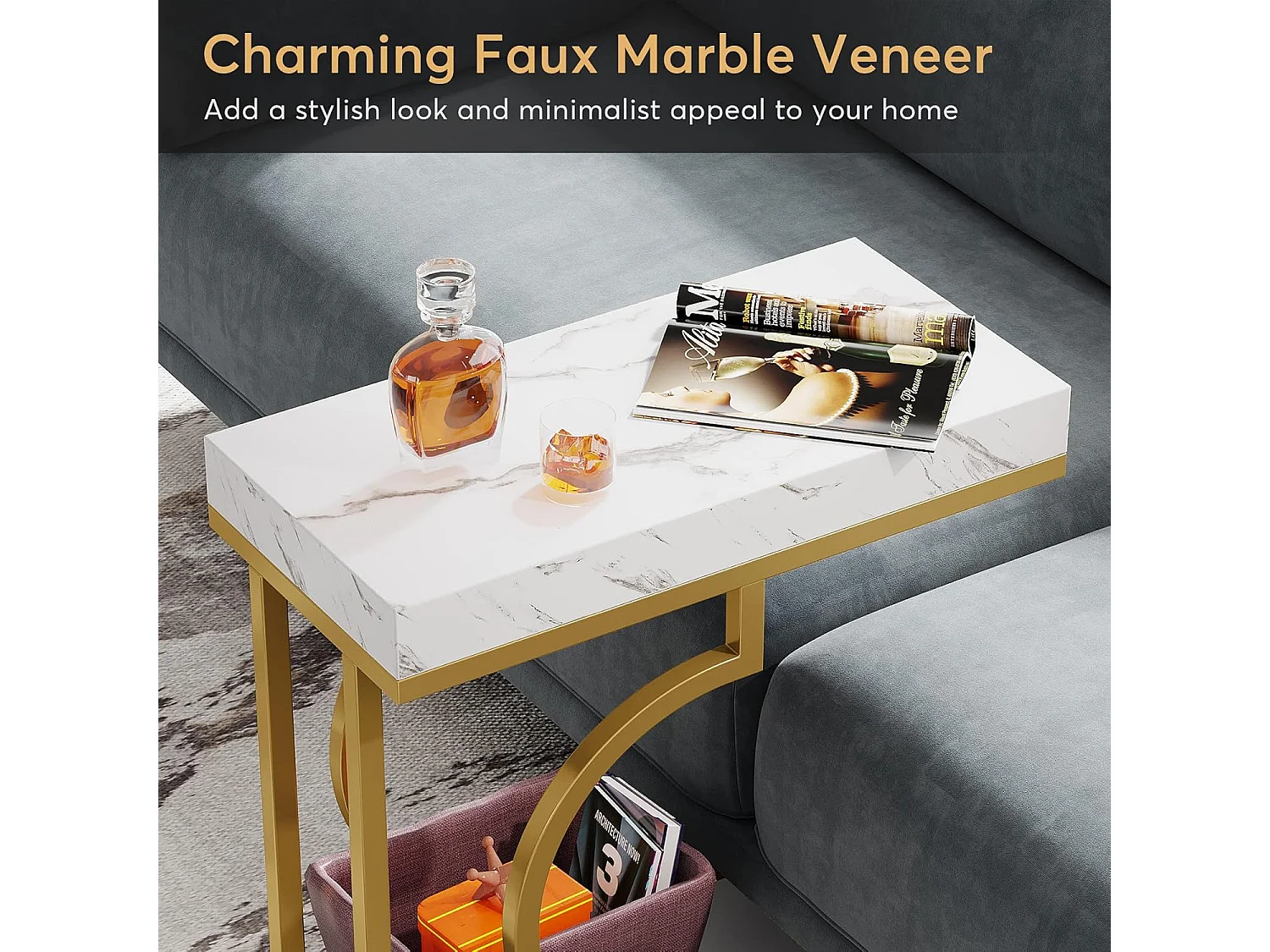 Table d'appoint étroite en Or Blanc - Table d'appoint en Forme de C - Table de Chevet Moderne