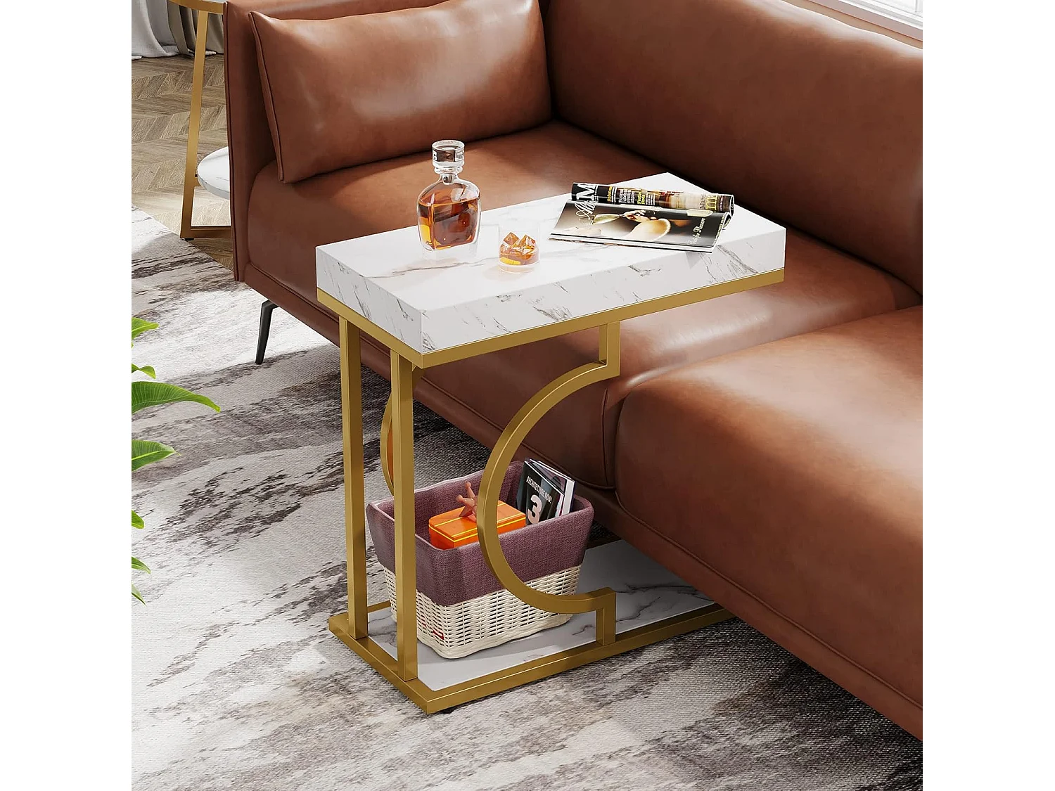 Table d'appoint étroite en Or Blanc - Table d'appoint en Forme de C - Table de Chevet Moderne