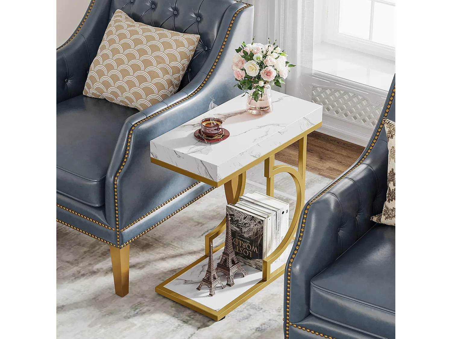 Table d'appoint étroite en Or Blanc - Table d'appoint en Forme de C - Table de Chevet Moderne