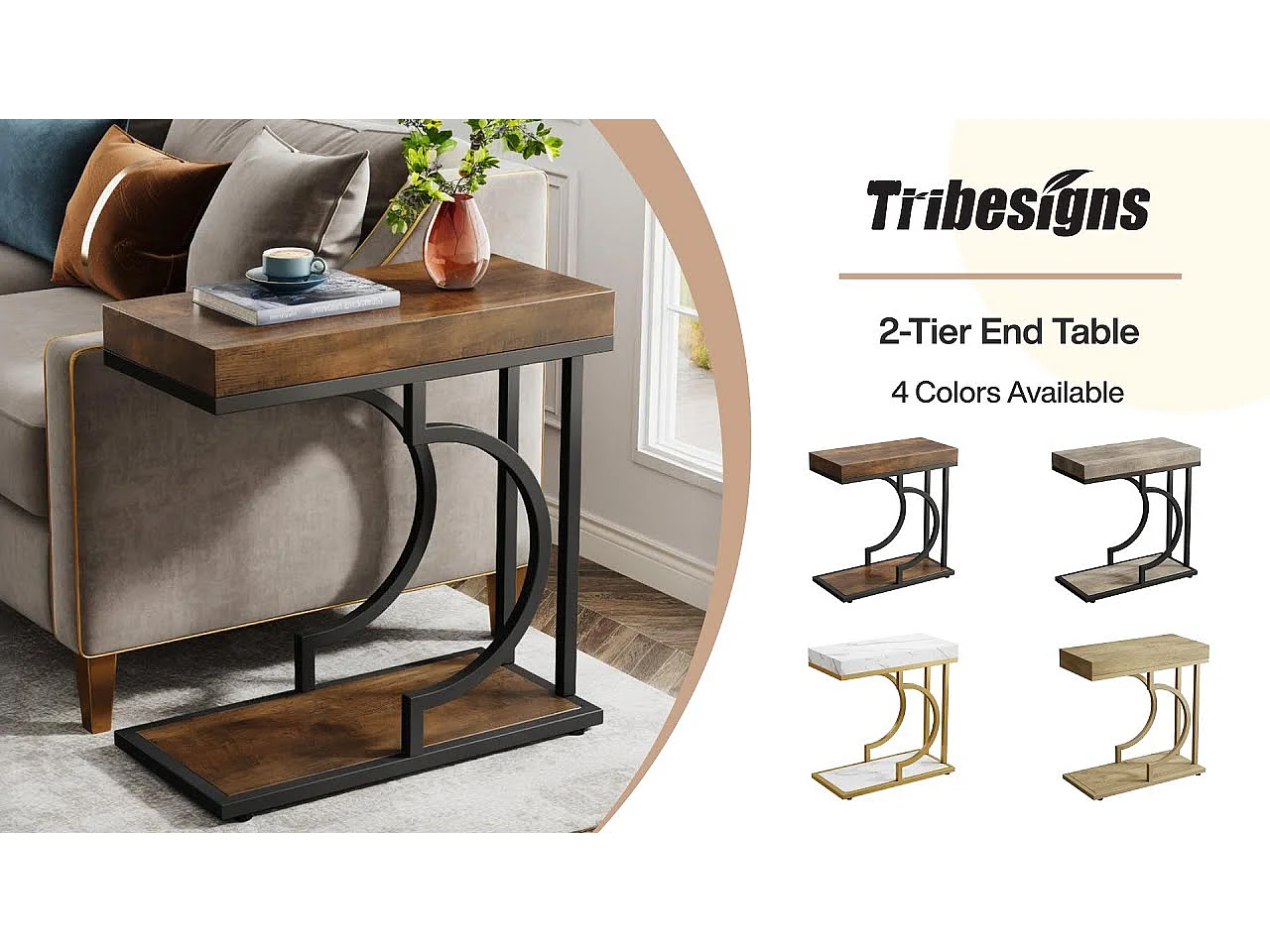 Table d'appoint étroite en Or Blanc - Table d'appoint en Forme de C - Table de Chevet Moderne