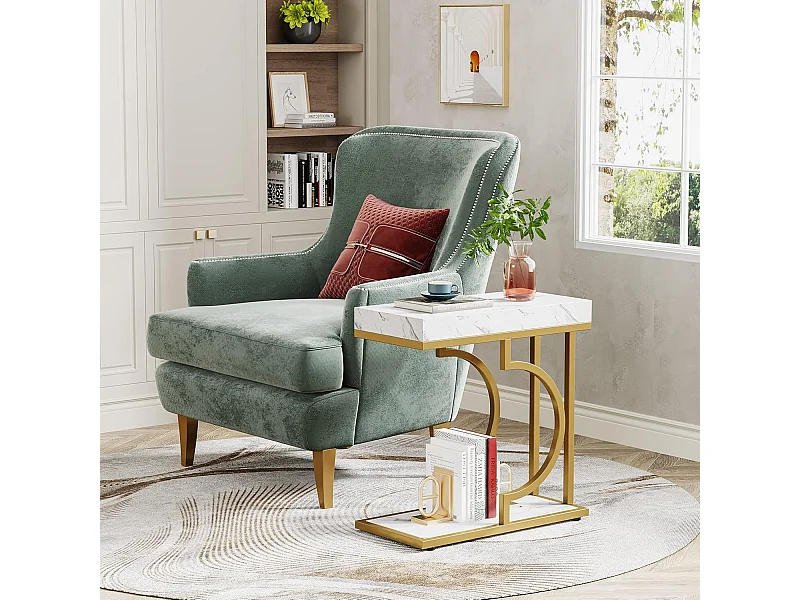 Smalle witgouden bijzettafel - C-vormig bijzettafeltje - modern nachtkastje