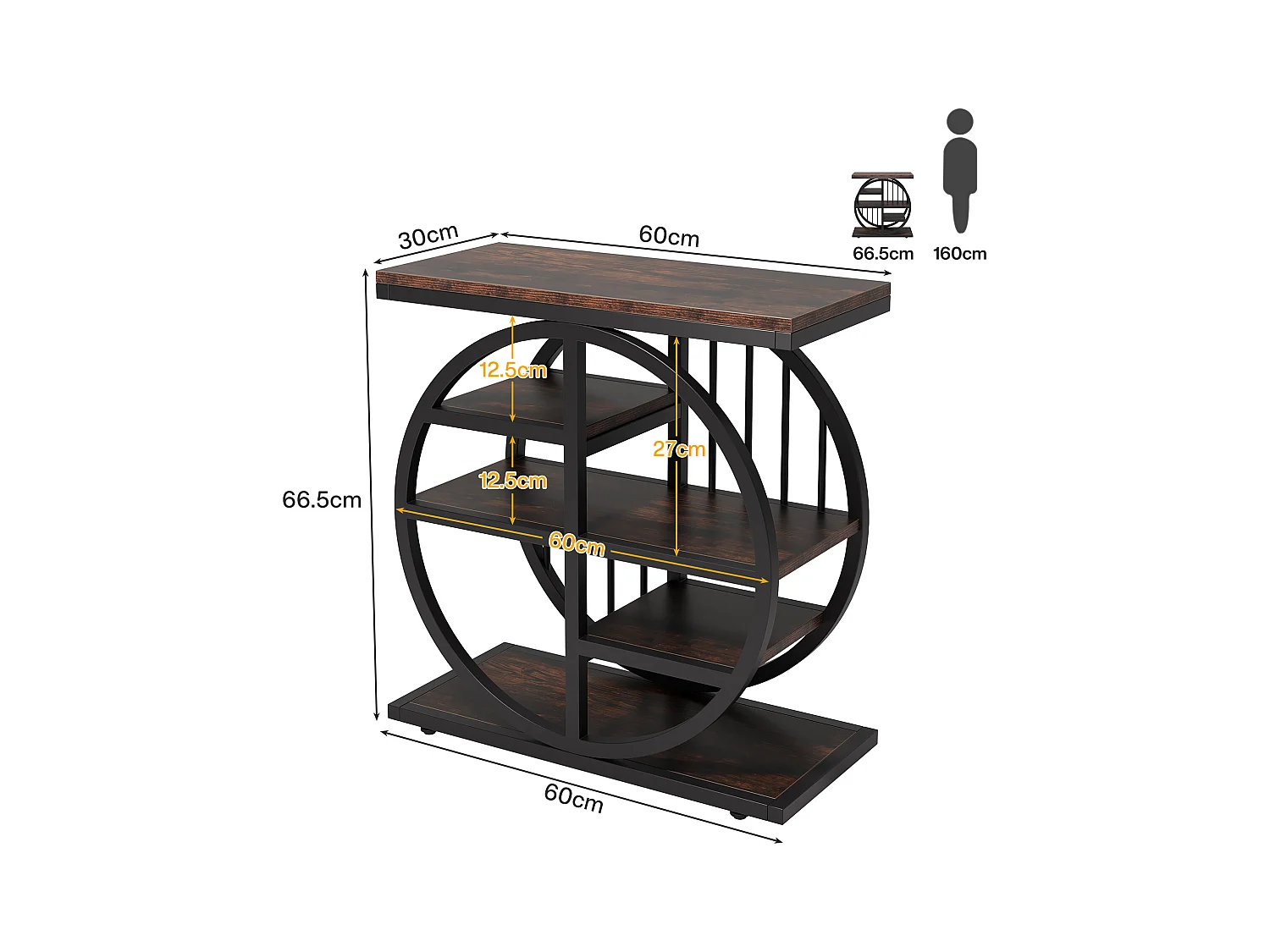 5-poziomowy stolik kawowy z drewna szlachetnego 60 x 30 cm z metalową ramą, w stylu industrialnym