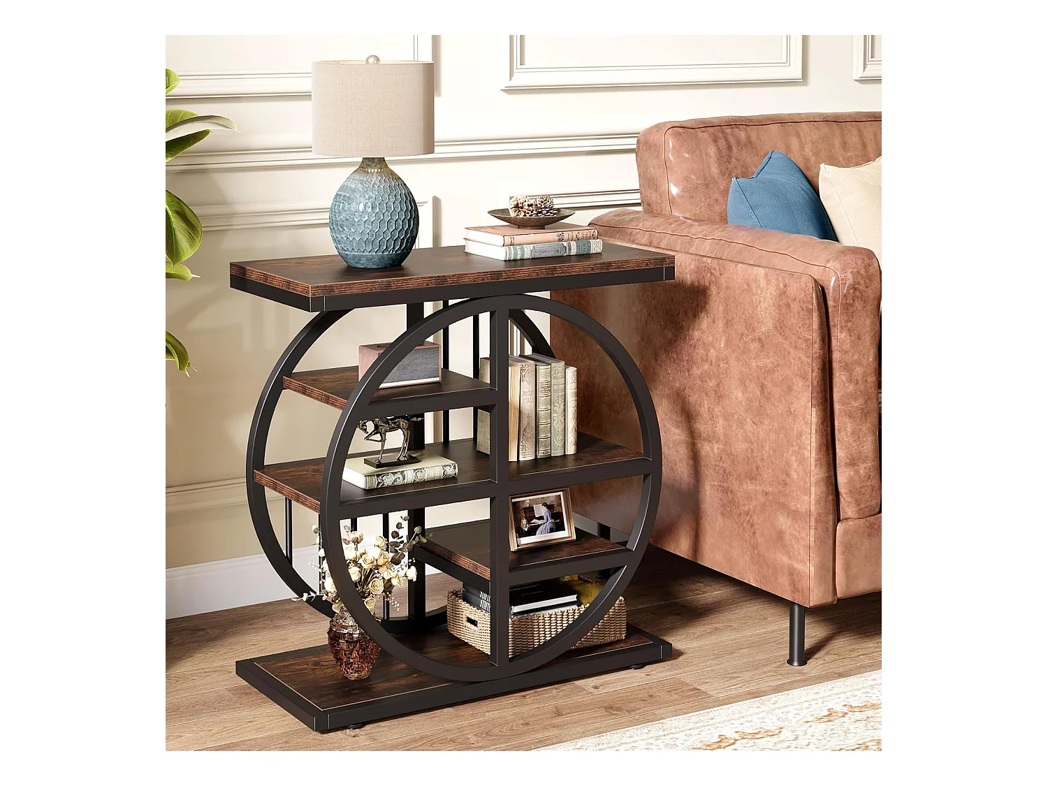 5-poziomowy stolik kawowy z drewna szlachetnego 60 x 30 cm z metalową ramą, w stylu industrialnym