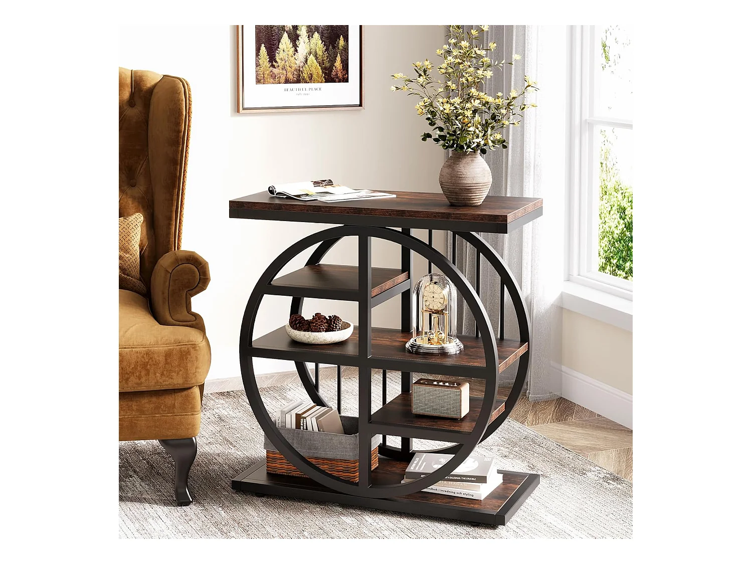 5-poziomowy stolik kawowy z drewna szlachetnego 60 x 30 cm z metalową ramą, w stylu industrialnym