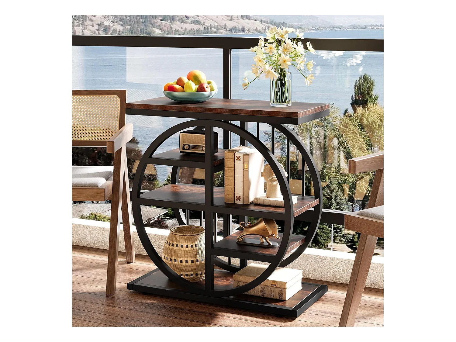 5-poziomowy stolik kawowy z drewna szlachetnego 60 x 30 cm z metalową ramą, w stylu industrialnym