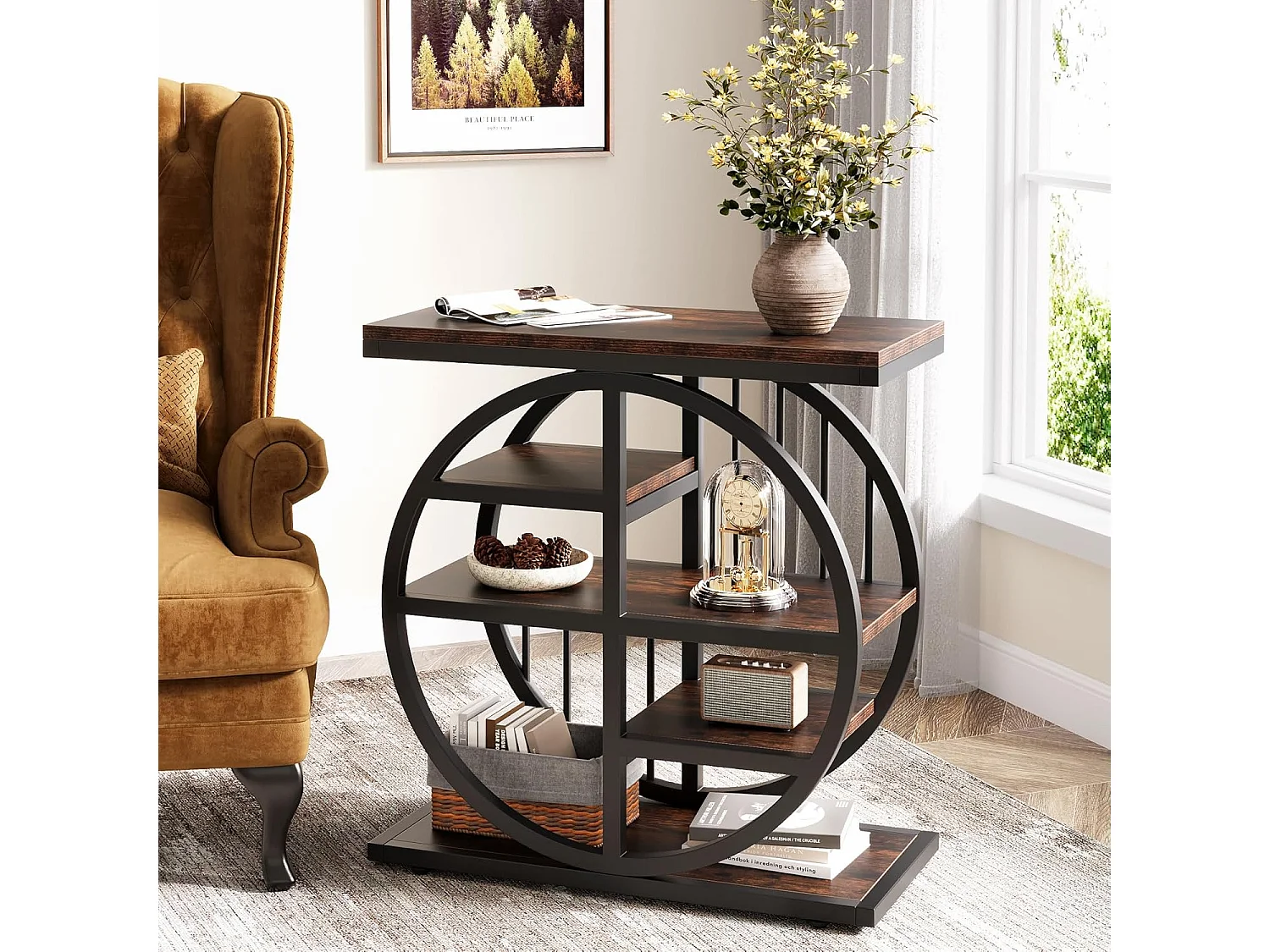 Mesa de apoio de 5 níveis em madeira fina 60 x 30 cm Mesa baixa com estrutura de metal Mesa de apoio industrial