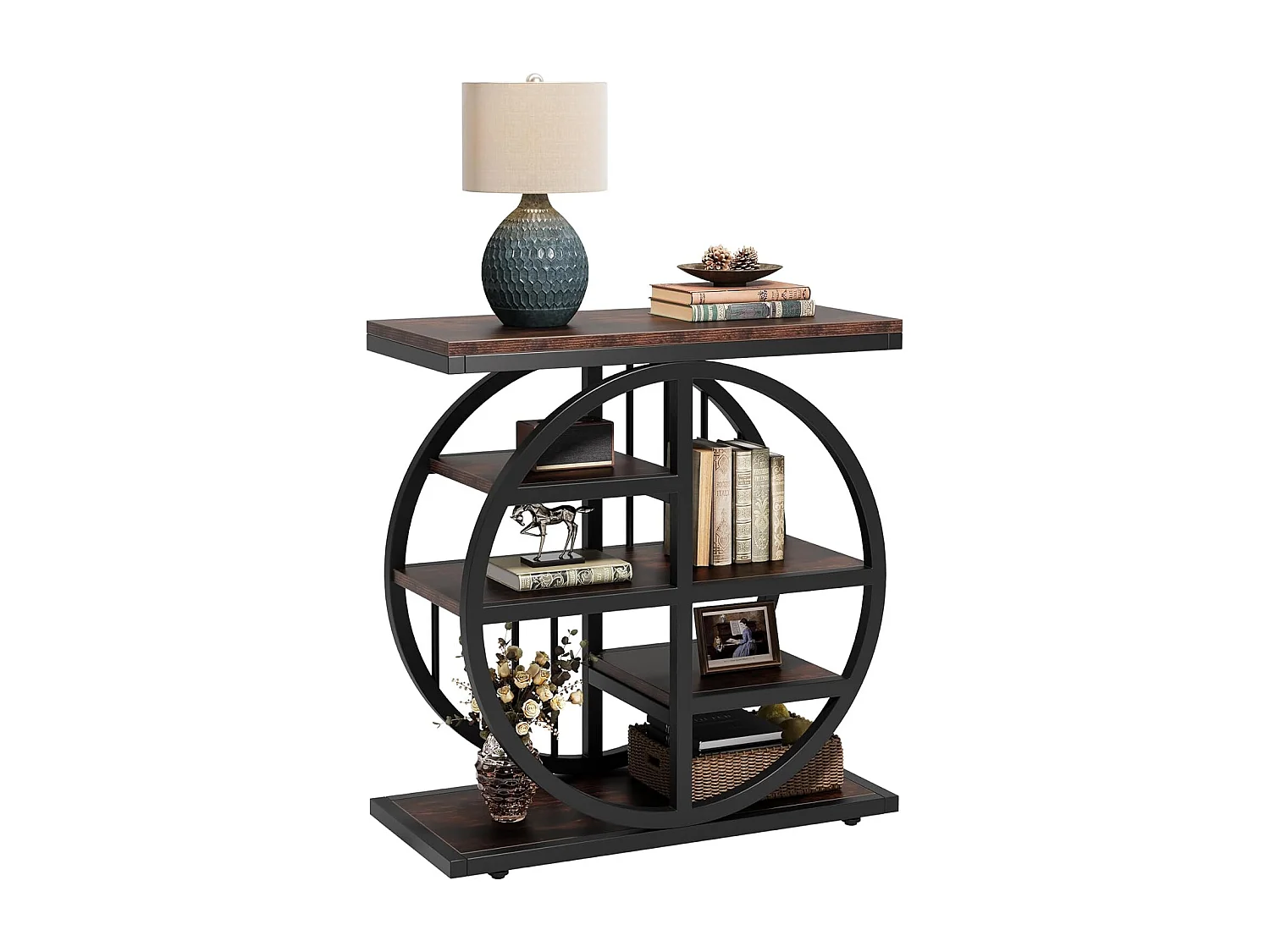 Tavolino laterale a 5 ripiani in legno pregiato 60 x 30 cm Tavolino da caffè con struttura in metallo Tavolino laterale industriale