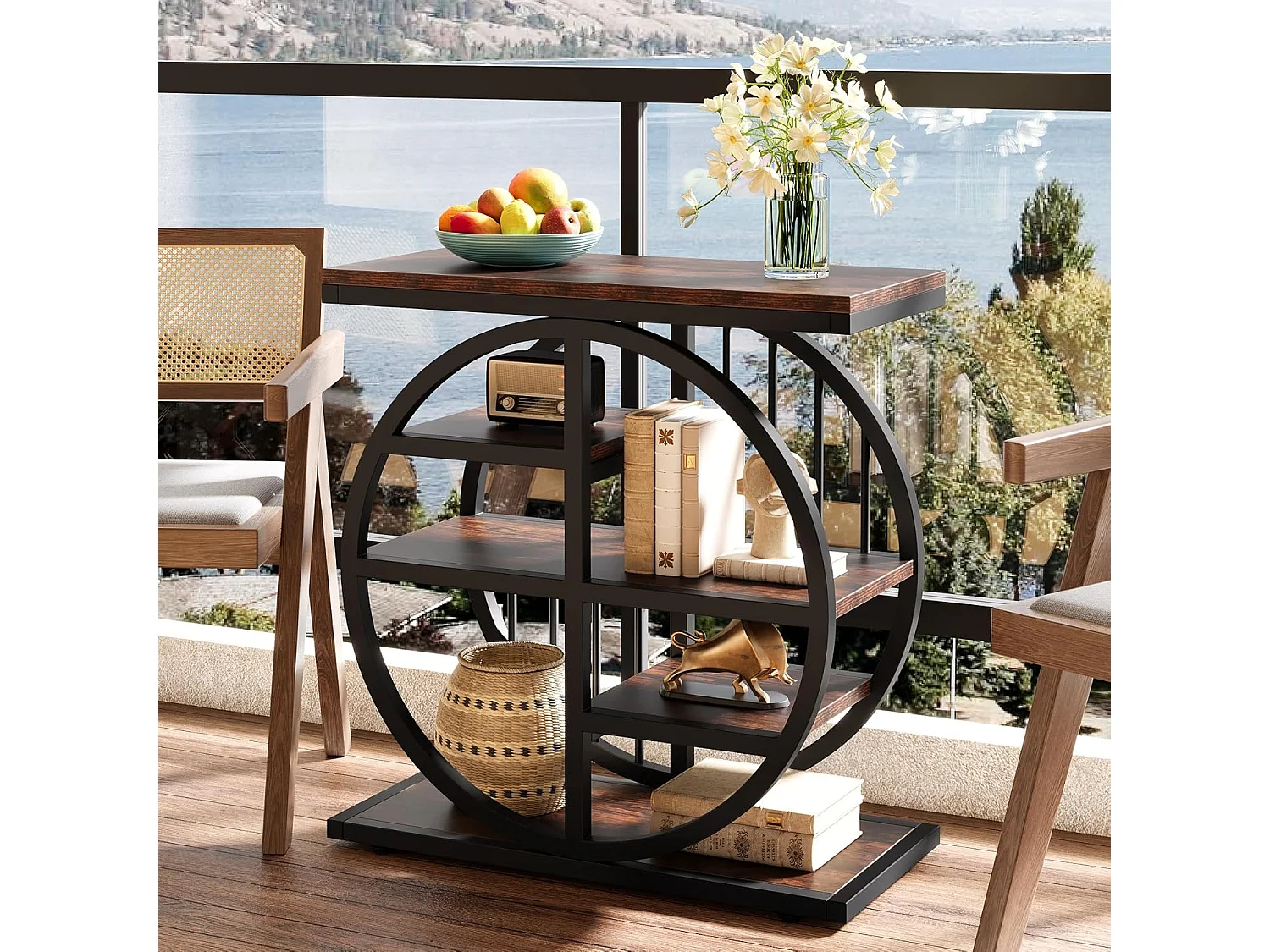 Tavolino laterale a 5 ripiani in legno pregiato 60 x 30 cm Tavolino da caffè con struttura in metallo Tavolino laterale industriale