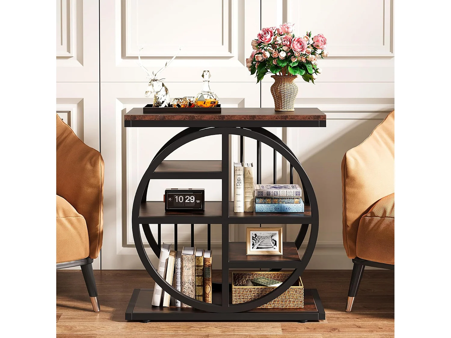 Tavolino laterale a 5 ripiani in legno pregiato 60 x 30 cm Tavolino da caffè con struttura in metallo Tavolino laterale industriale