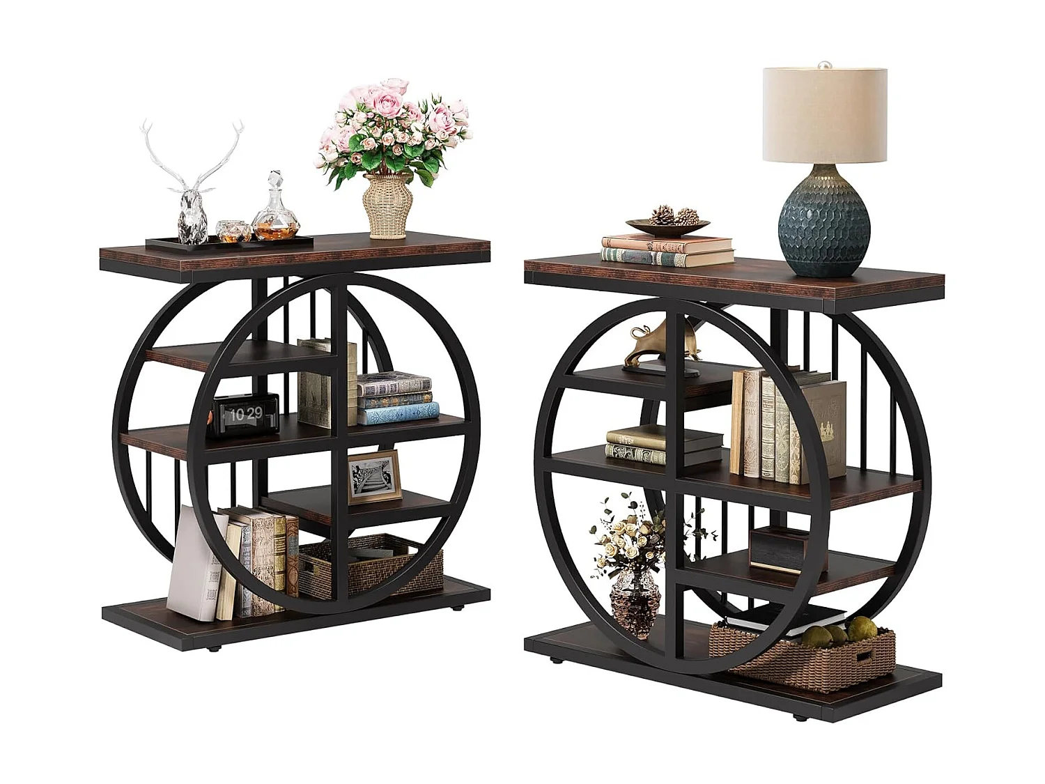 Tavolino laterale a 5 ripiani in legno pregiato 60 x 30 cm Tavolino da caffè con struttura in metallo Tavolino laterale industriale