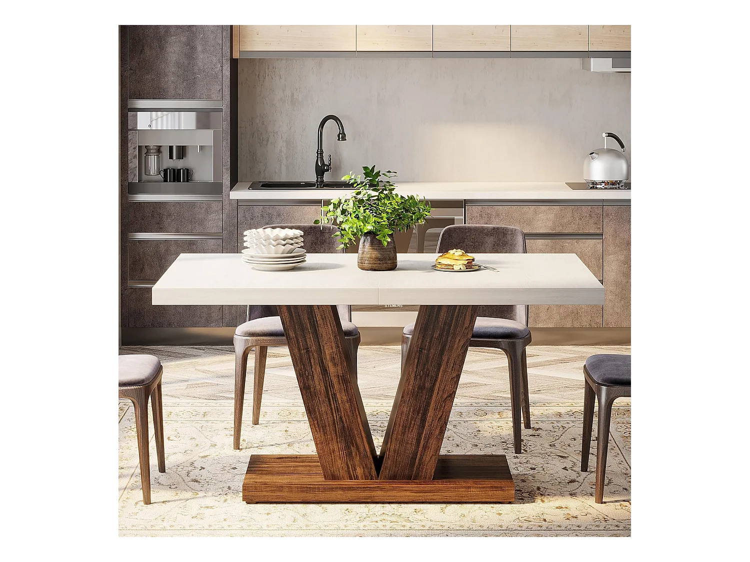 Table de salle à manger de 120 cm pour 4 personnes, table de cuisine blanche avec piédestal robuste