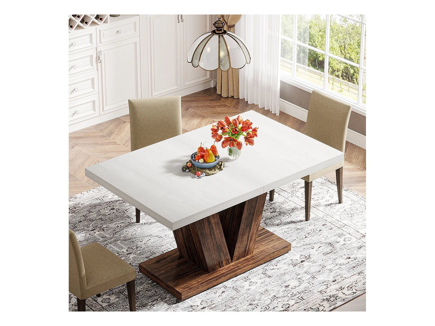 Table de salle à manger de 120 cm pour 4 personnes, table de cuisine blanche avec piédestal robuste