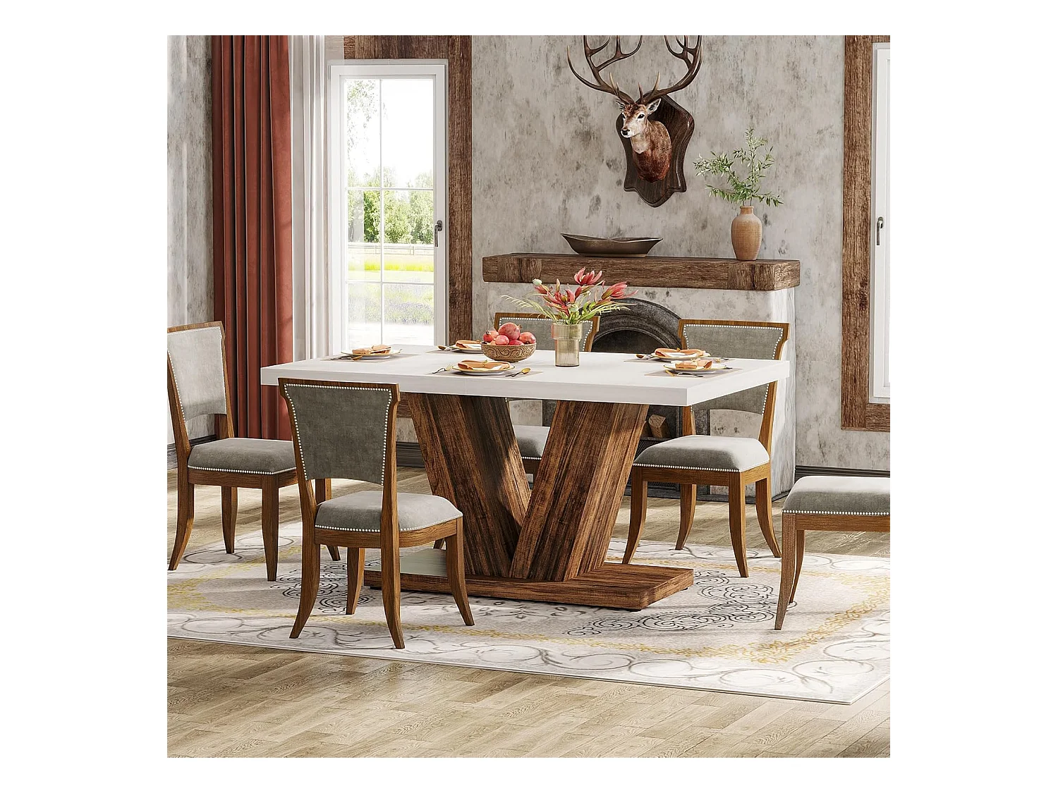 Table de salle à manger de 120 cm pour 4 personnes, table de cuisine blanche avec piédestal robuste