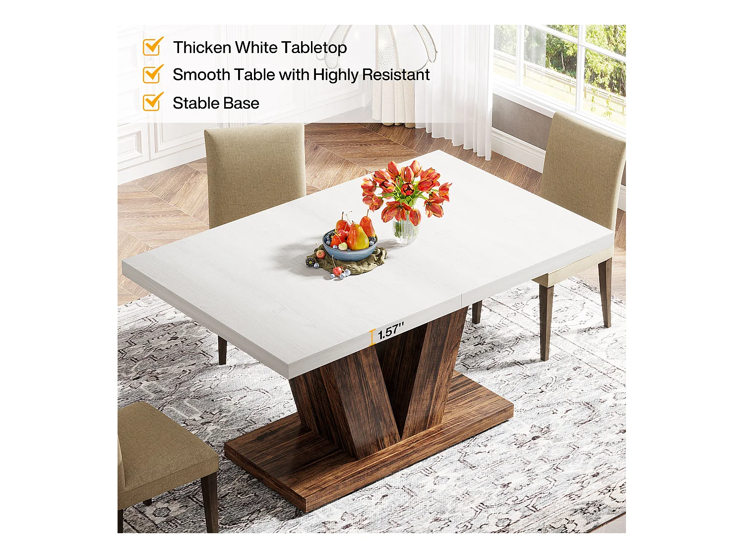 Table de salle à manger de 120 cm pour 4 personnes, table de cuisine blanche avec piédestal robuste