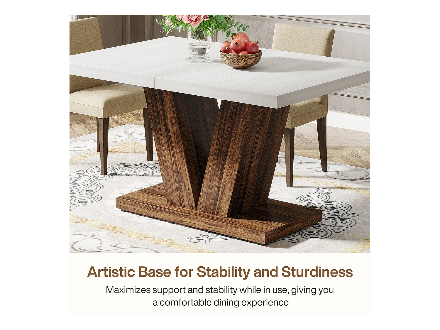 Table de salle à manger de 120 cm pour 4 personnes, table de cuisine blanche avec piédestal robuste