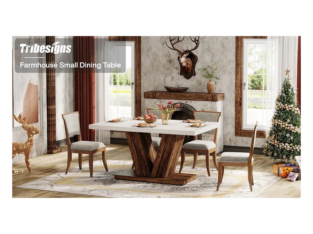 Table de salle à manger de 120 cm pour 4 personnes, table de cuisine blanche avec piédestal robuste