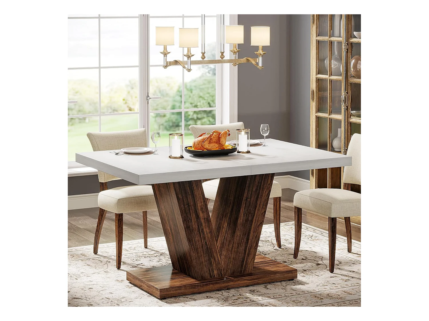 Table de salle à manger de 120 cm pour 4 personnes, table de cuisine blanche avec piédestal robuste