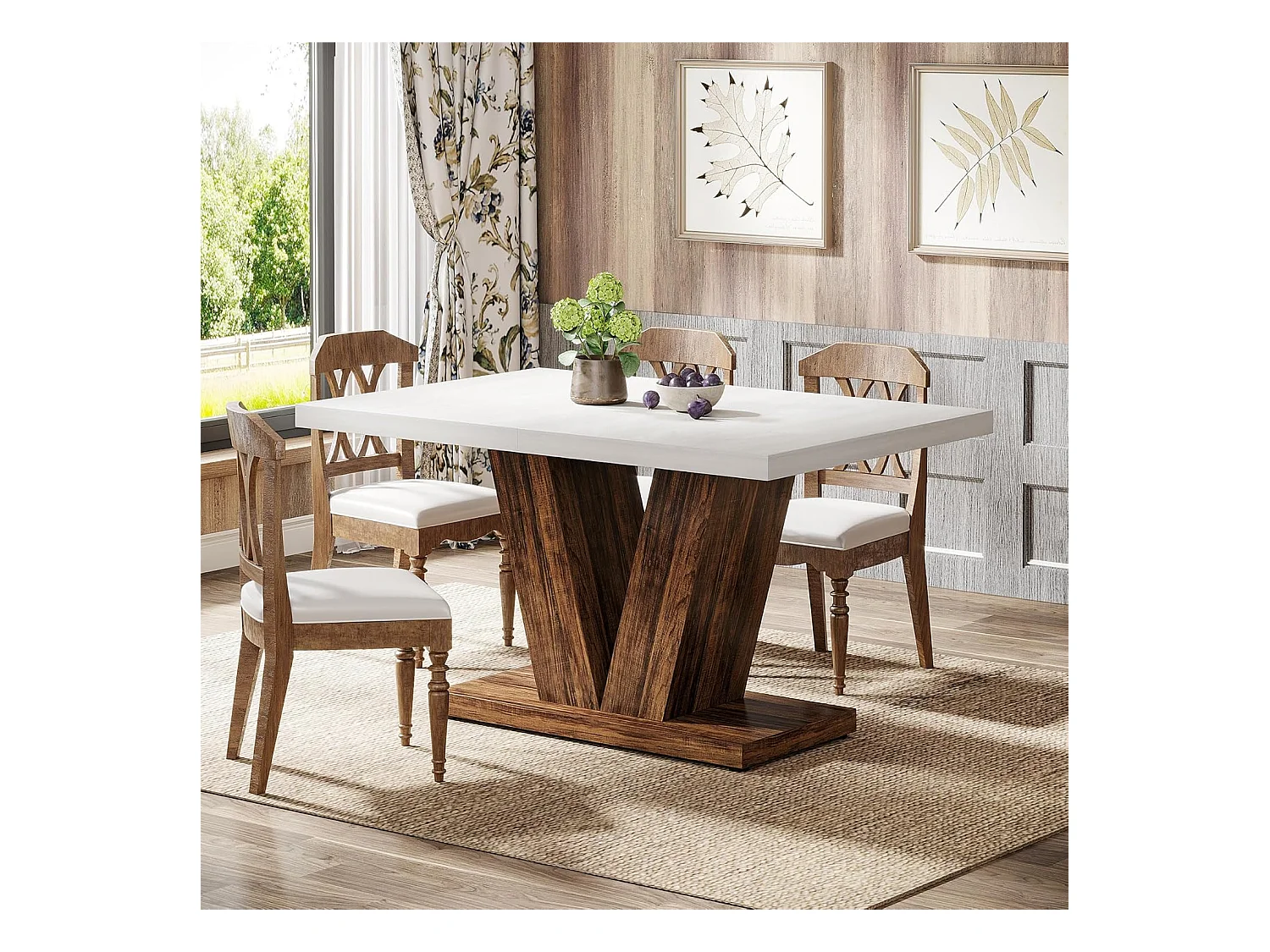 Table de salle à manger de 120 cm pour 4 personnes, table de cuisine blanche avec piédestal robuste