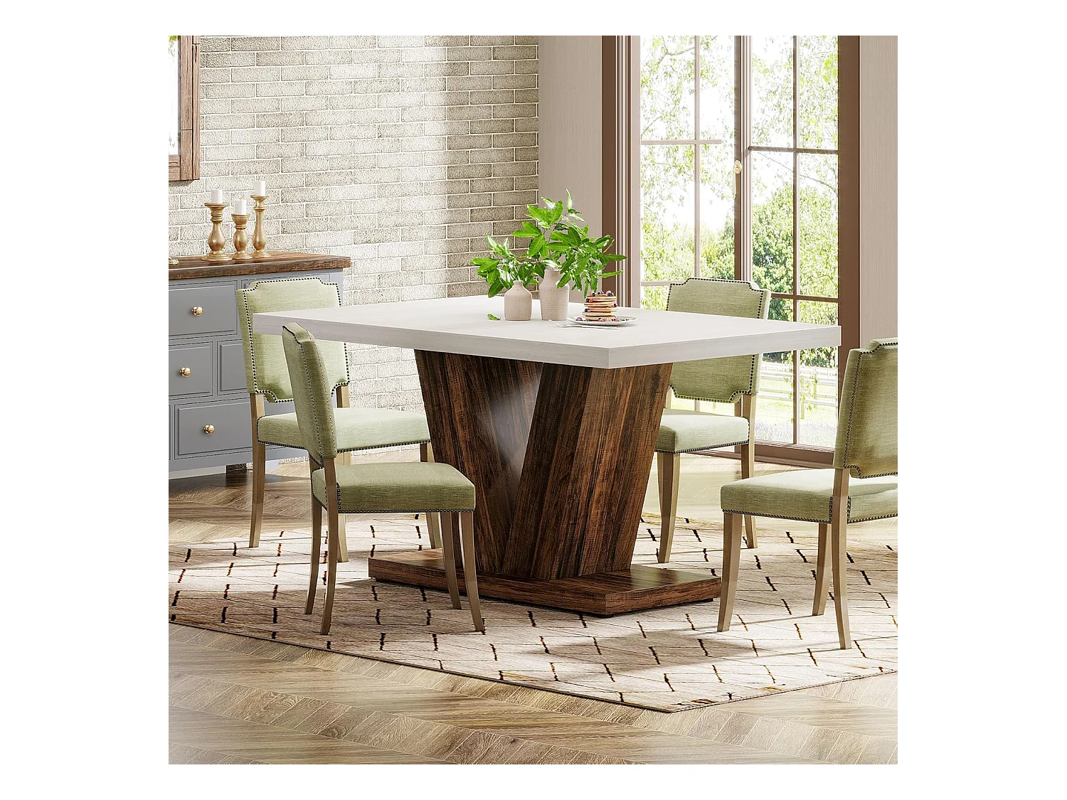 Table de salle à manger de 120 cm pour 4 personnes, table de cuisine blanche avec piédestal robuste