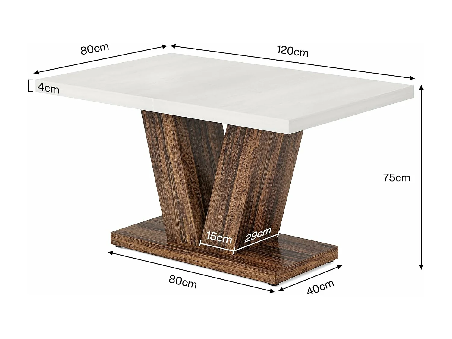 Table de salle à manger de 120 cm pour 4 personnes, table de cuisine blanche avec piédestal robuste