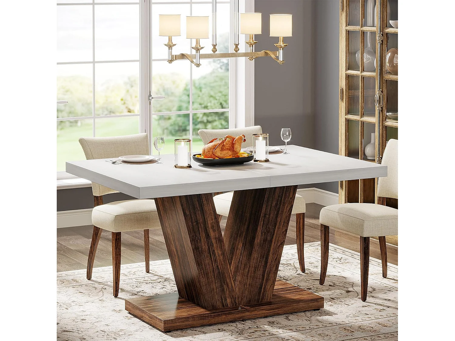 Table de salle à manger de 120 cm pour 4 personnes, table de cuisine blanche avec piédestal robuste