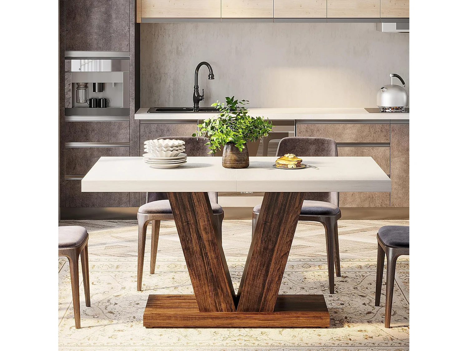 Table de salle à manger de 120 cm pour 4 personnes, table de cuisine blanche avec piédestal robuste