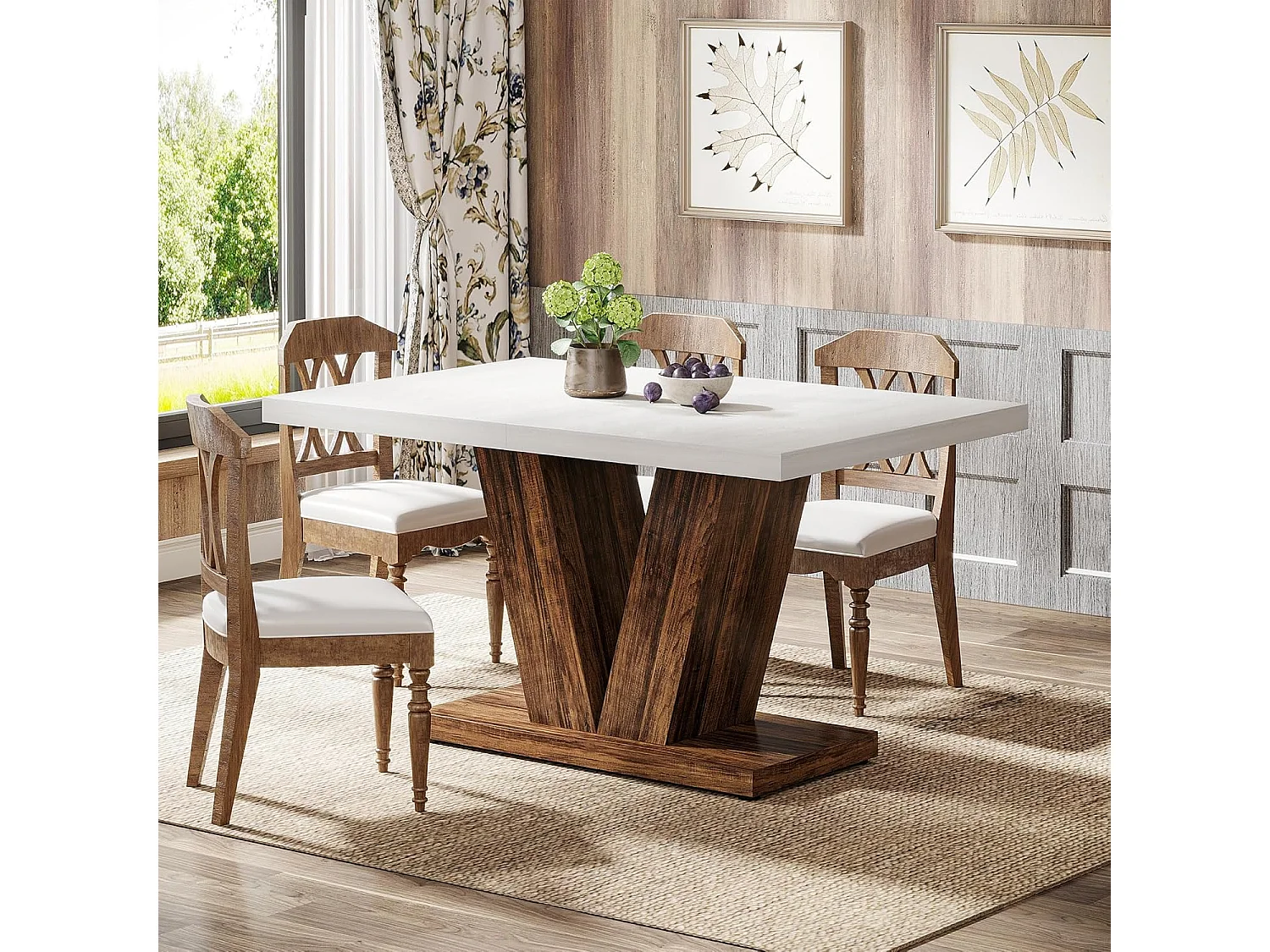 Table de salle à manger de 120 cm pour 4 personnes, table de cuisine blanche avec piédestal robuste