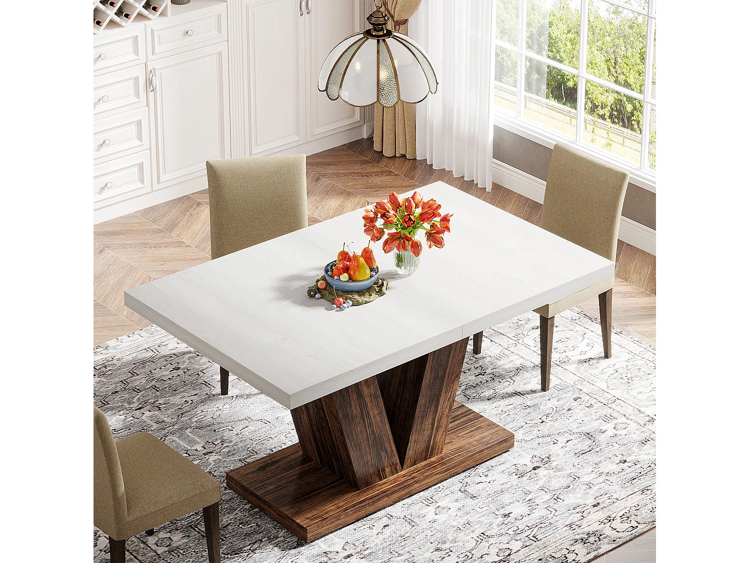 Table de salle à manger de 120 cm pour 4 personnes, table de cuisine blanche avec piédestal robuste