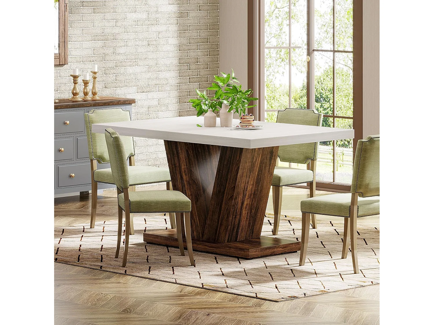Table de salle à manger de 120 cm pour 4 personnes, table de cuisine blanche avec piédestal robuste