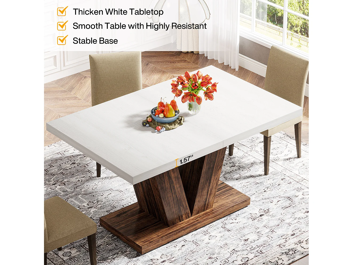 Table de salle à manger de 120 cm pour 4 personnes, table de cuisine blanche avec piédestal robuste