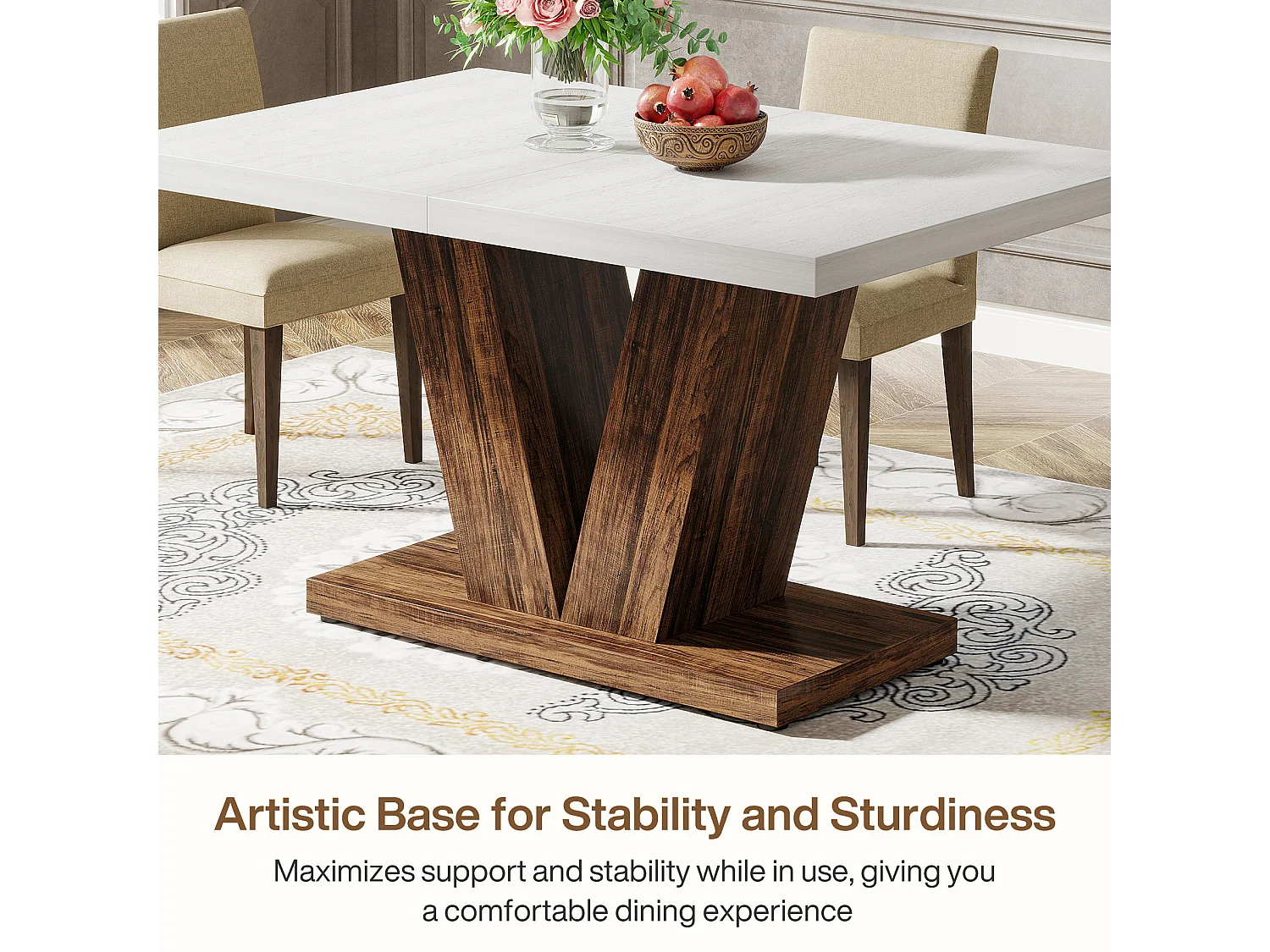 Table de salle à manger de 120 cm pour 4 personnes, table de cuisine blanche avec piédestal robuste