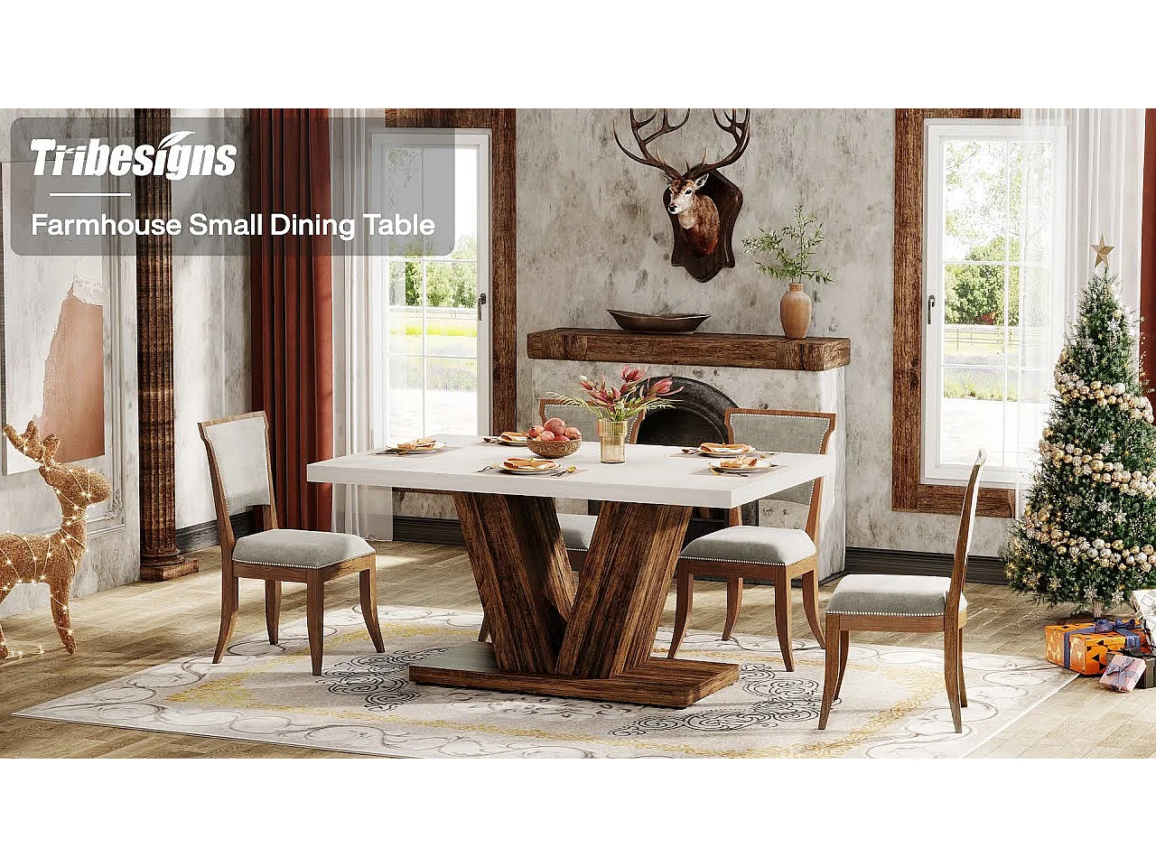 Table de salle à manger de 120 cm pour 4 personnes, table de cuisine blanche avec piédestal robuste