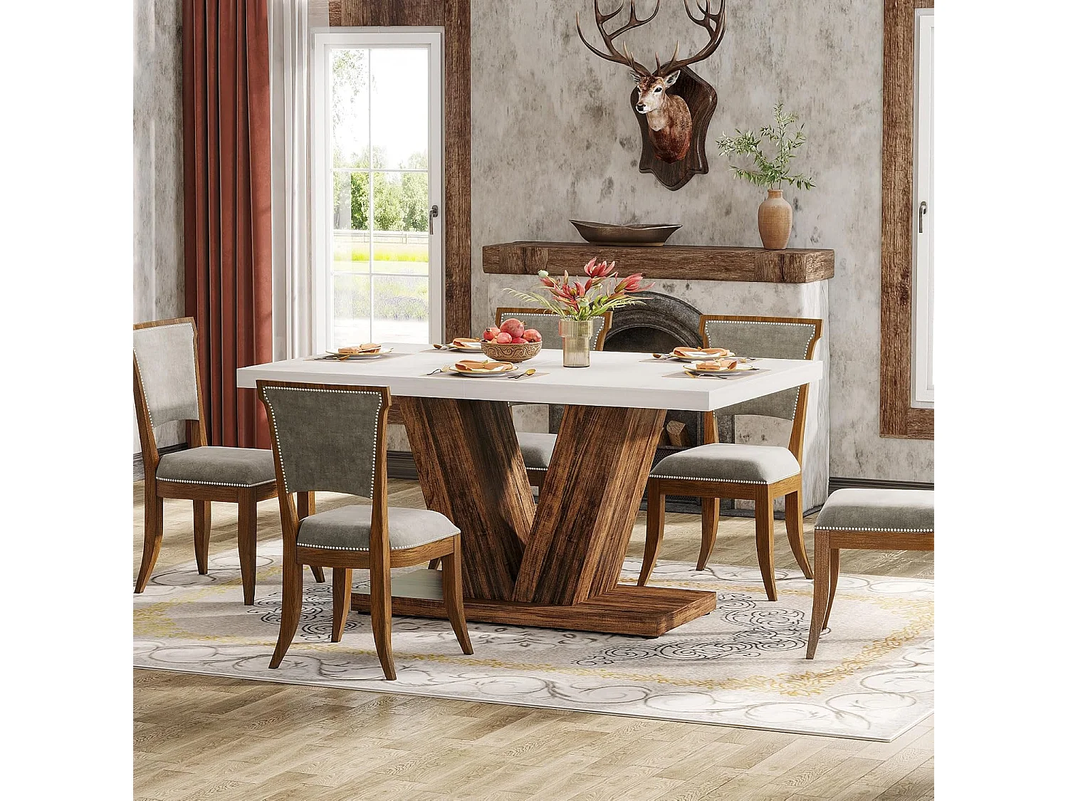 Table de salle à manger de 120 cm pour 4 personnes, table de cuisine blanche avec piédestal robuste