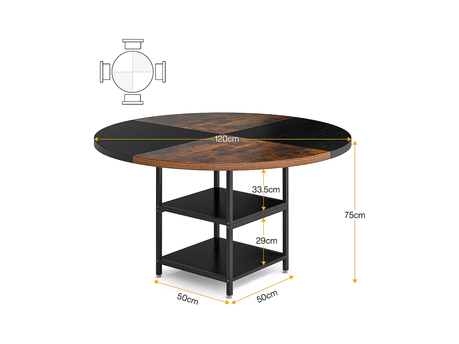 Ronde eettafel, eettafel voor 4 personen, 120 x 75 cm (diameter x H)