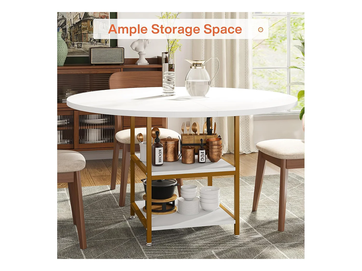 Ronde Table de Salle à Manger, Table de Salle à Manger pour 4 Personnes, 120 x 75 cm (diamètre x H), Or et Blanc