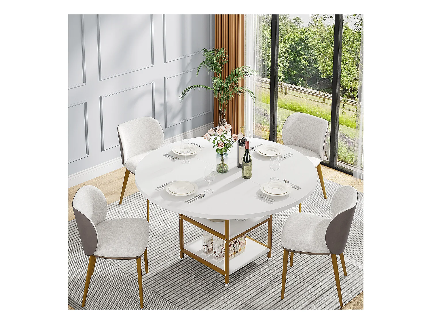 Ronde Table de Salle à Manger, Table de Salle à Manger pour 4 Personnes, 120 x 75 cm (diamètre x H), Or et Blanc