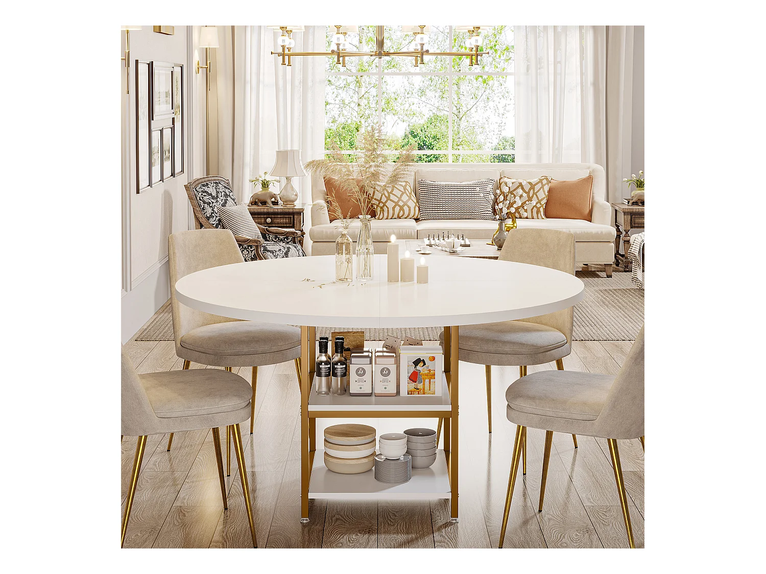 Ronde Table de Salle à Manger, Table de Salle à Manger pour 4 Personnes, 120 x 75 cm (diamètre x H), Or et Blanc