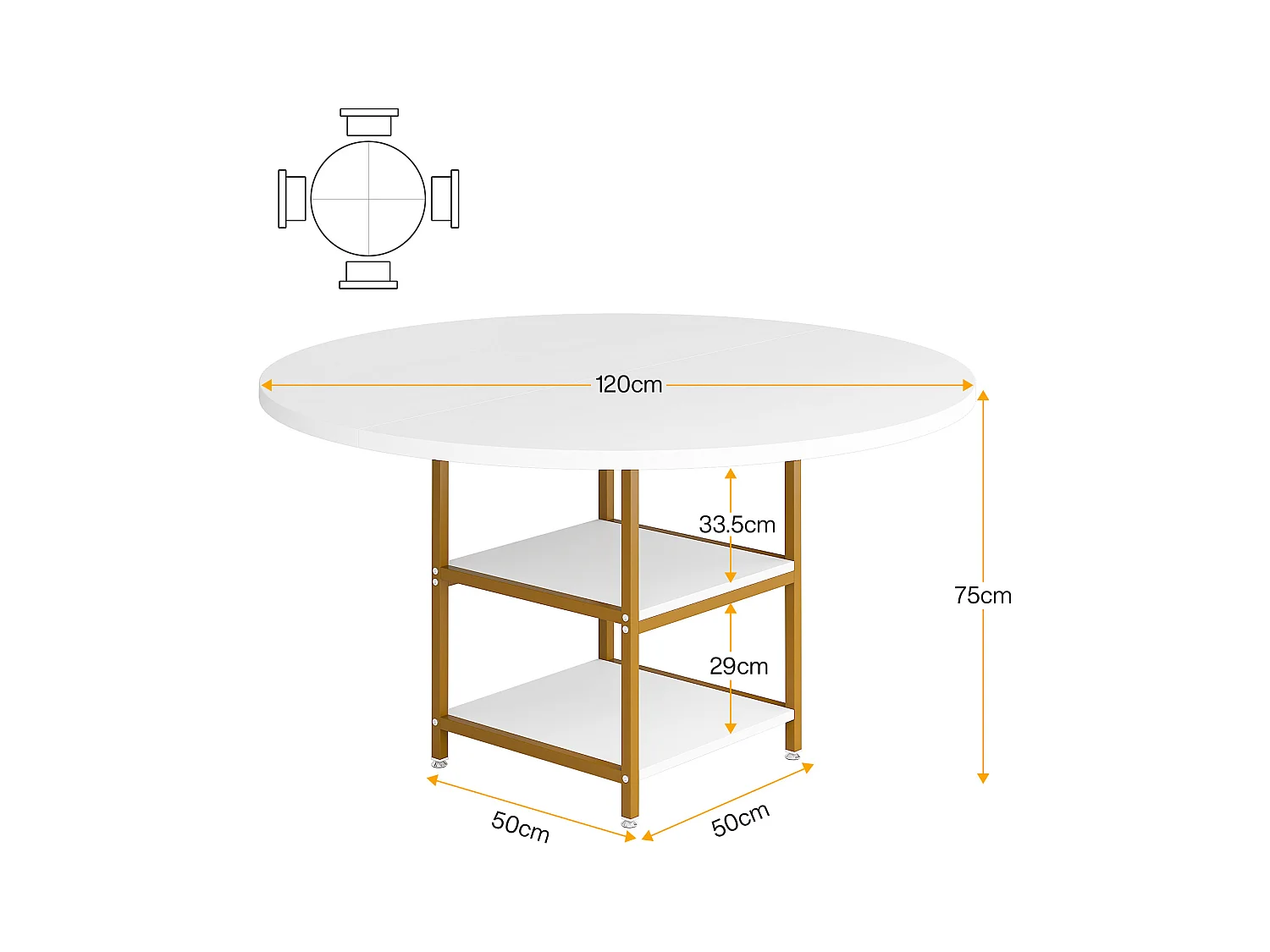 Ronde Table de Salle à Manger, Table de Salle à Manger pour 4 Personnes, 120 x 75 cm (diamètre x H), Or et Blanc