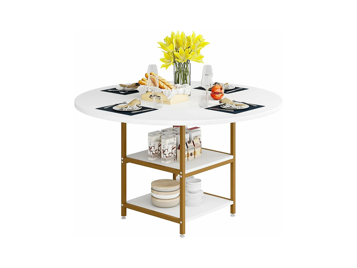 Ronde eettafel, eettafel voor 4 personen, 120 x 75 cm (diameter x H), goud en wit