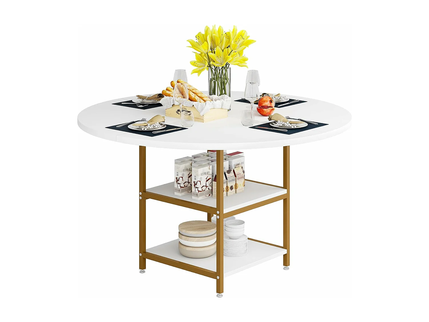Ronde Table de Salle à Manger, Table de Salle à Manger pour 4 Personnes, 120 x 75 cm (diamètre x H), Or et Blanc