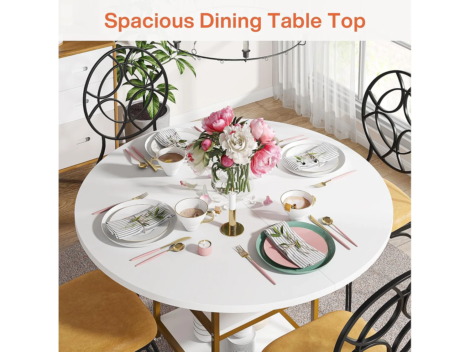 Ronde Table de Salle à Manger, Table de Salle à Manger pour 4 Personnes, 120 x 75 cm (diamètre x H), Or et Blanc