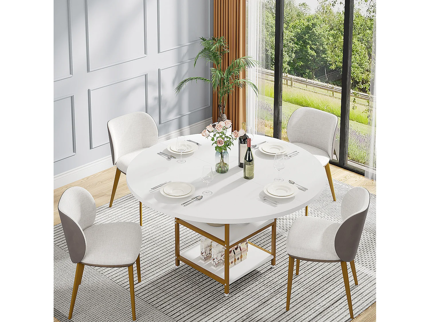 Ronde Table de Salle à Manger, Table de Salle à Manger pour 4 Personnes, 120 x 75 cm (diamètre x H), Or et Blanc