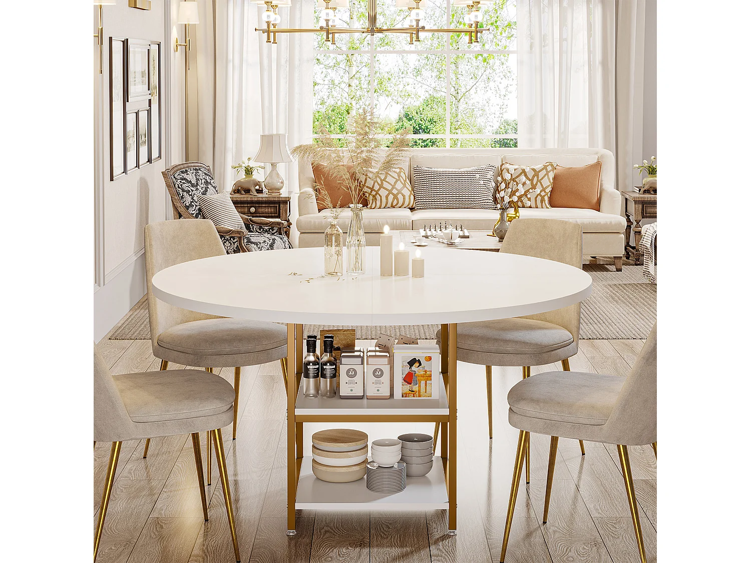 Ronde Table de Salle à Manger, Table de Salle à Manger pour 4 Personnes, 120 x 75 cm (diamètre x H), Or et Blanc