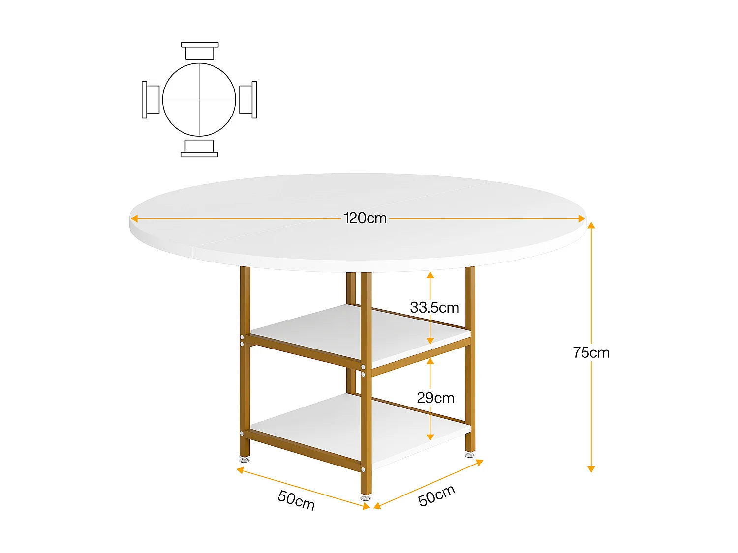 Ronde Table de Salle à Manger, Table de Salle à Manger pour 4 Personnes, 120 x 75 cm (diamètre x H), Or et Blanc