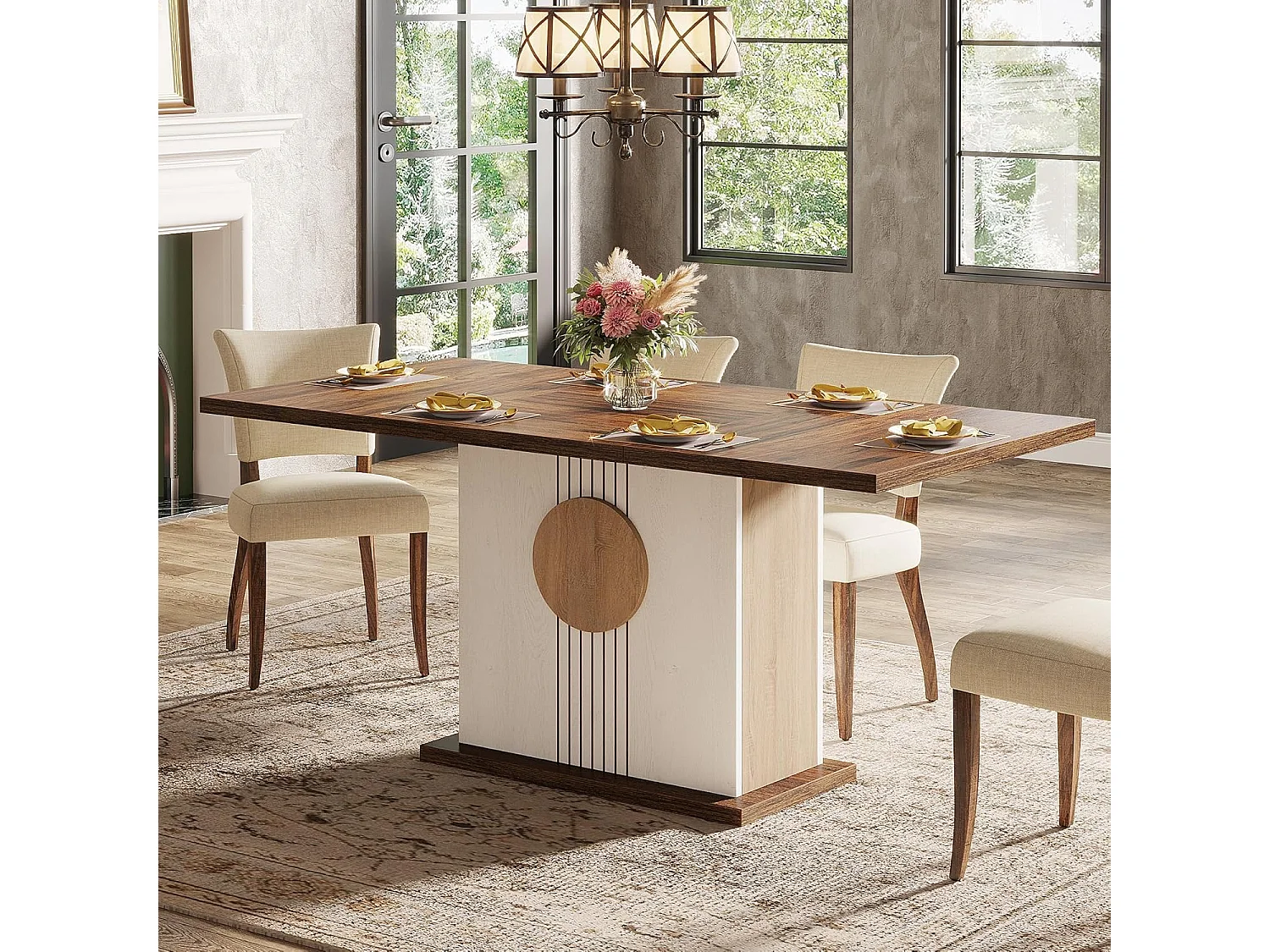 Table à manger rectangulaire en bois de fermier pour 4 à 6 personnes, 140 x 80 cm, chêne et blanc