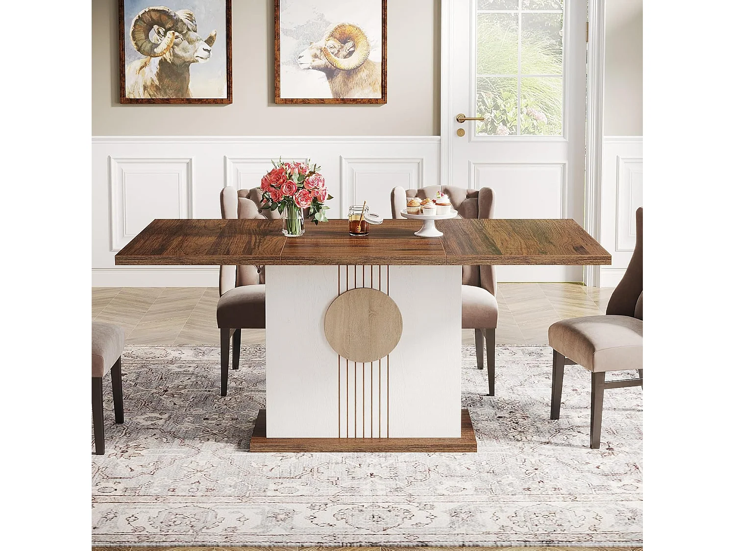 Table à manger rectangulaire en bois de fermier pour 4 à 6 personnes, 140 x 80 cm, chêne et blanc